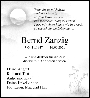 Traueranzeige von Bernd Zanzig von Ostsee-Zeitung GmbH