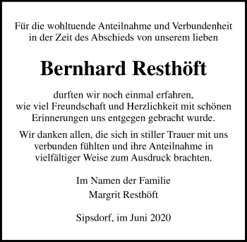 Traueranzeige von Bernhard Resthöft von Lübecker Nachrichten