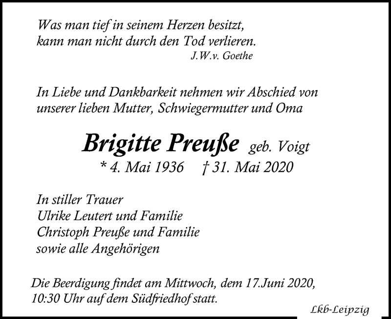 Traueranzeige für Brigitte Preuße vom 06.06.2020 aus Leipziger Volkszeitung