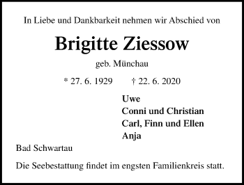 Traueranzeige von Brigitte Ziessow von Lübecker Nachrichten