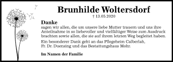 Traueranzeige von Brunhilde Woltersdorf von Aller Zeitung