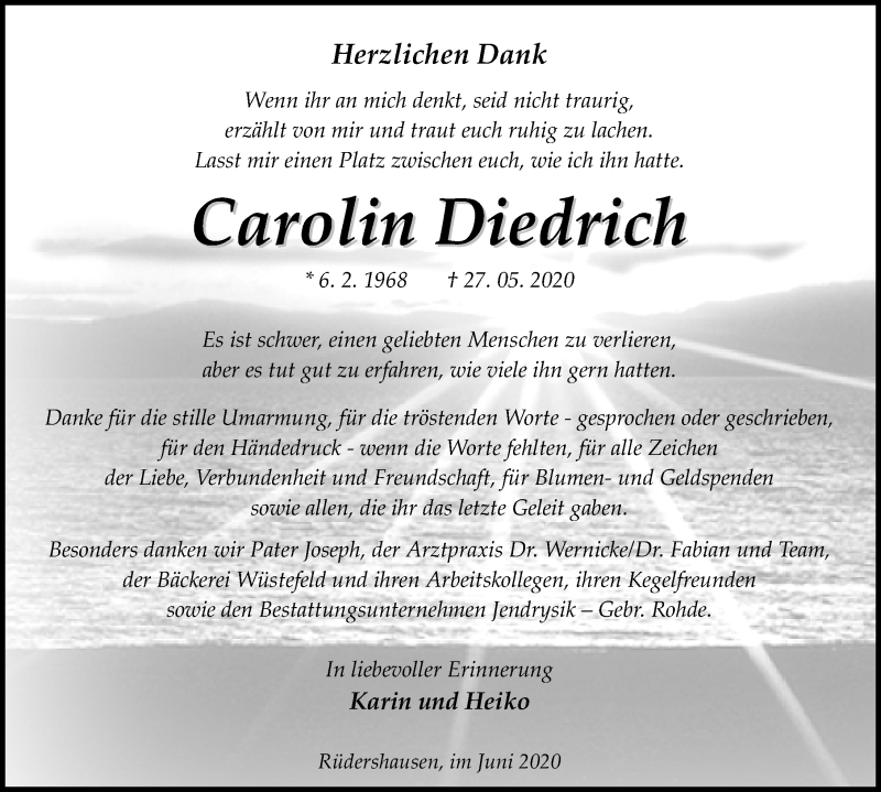 Traueranzeige für Carolin Diedrich vom 13.06.2020 aus Eichsfelder Tageblatt