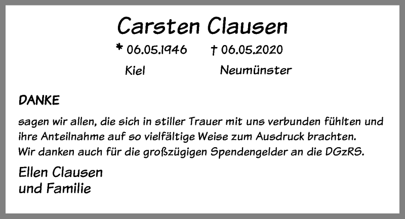  Traueranzeige für Carsten Clausen vom 13.06.2020 aus Kieler Nachrichten