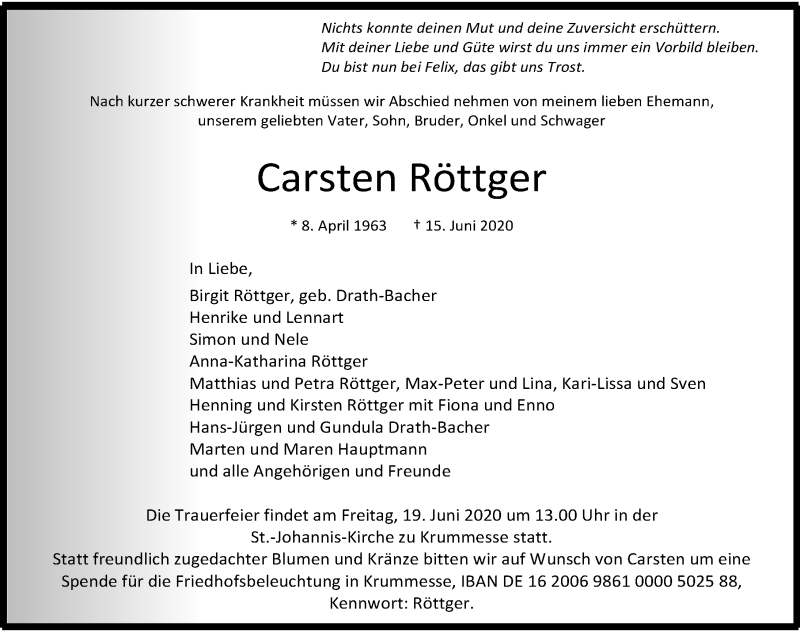  Traueranzeige für Carsten Röttger vom 17.06.2020 aus Lübecker Nachrichten