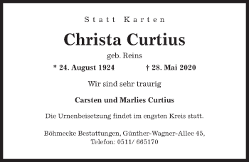 Traueranzeige von Christa Curtius von Hannoversche Allgemeine Zeitung/Neue Presse