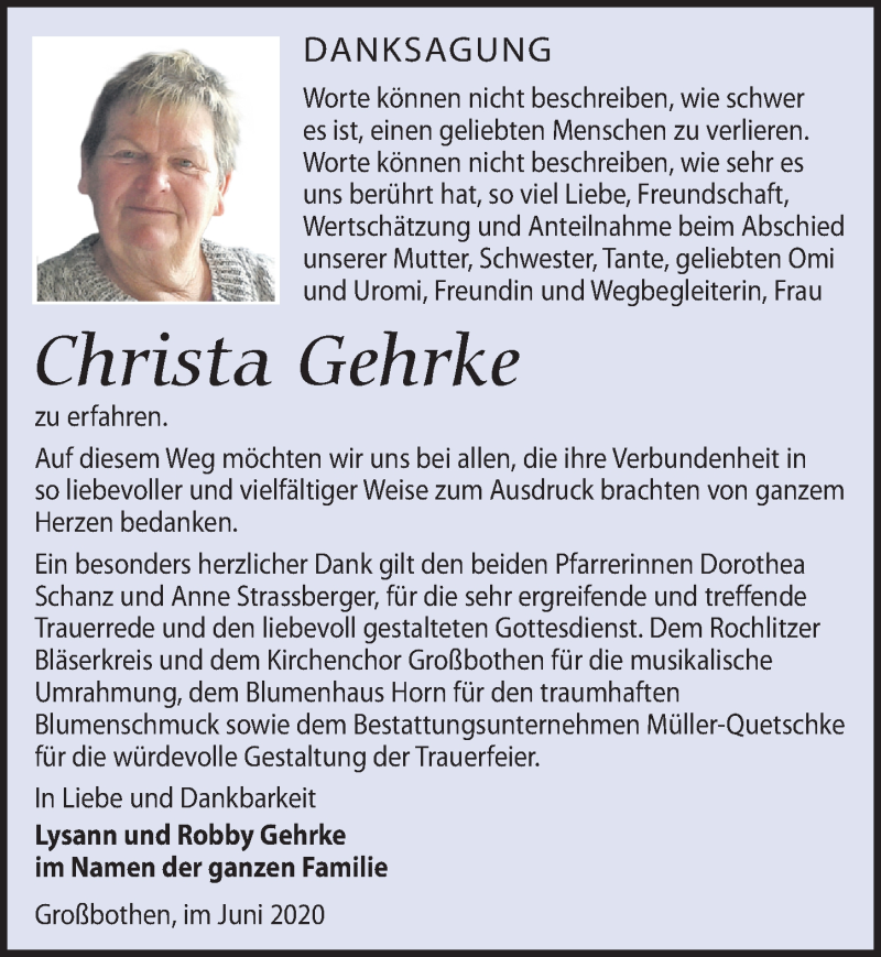  Traueranzeige für Christa Gehrke vom 20.06.2020 aus Leipziger Volkszeitung