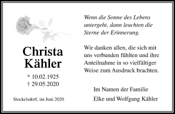 Traueranzeige von Christa Kähler von Lübecker Nachrichten