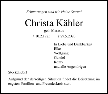 Traueranzeige von Christa Kähler von Lübecker Nachrichten