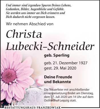 Traueranzeige von Christa Lubecki-Schneider von Leipziger Volkszeitung