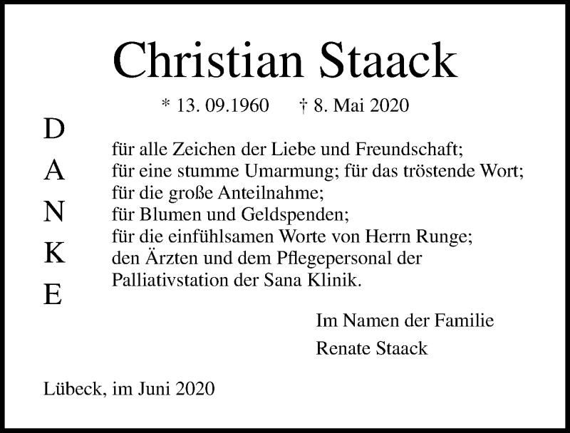  Traueranzeige für Christian Staack vom 28.06.2020 aus Lübecker Nachrichten