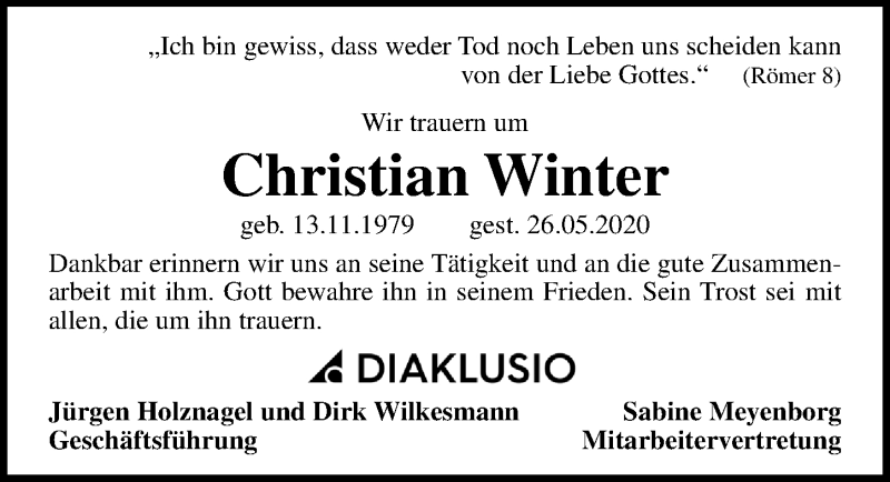  Traueranzeige für Christian Winter vom 07.06.2020 aus Lübecker Nachrichten