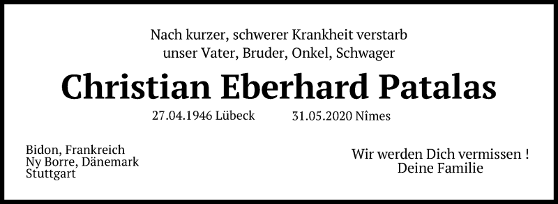  Traueranzeige für Christian Eberhard Patalas vom 07.06.2020 aus Lübecker Nachrichten