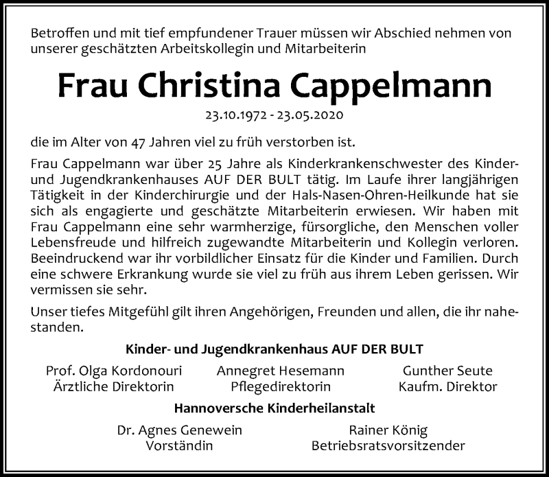  Traueranzeige für Christina Cappelmann vom 13.06.2020 aus Hannoversche Allgemeine Zeitung/Neue Presse