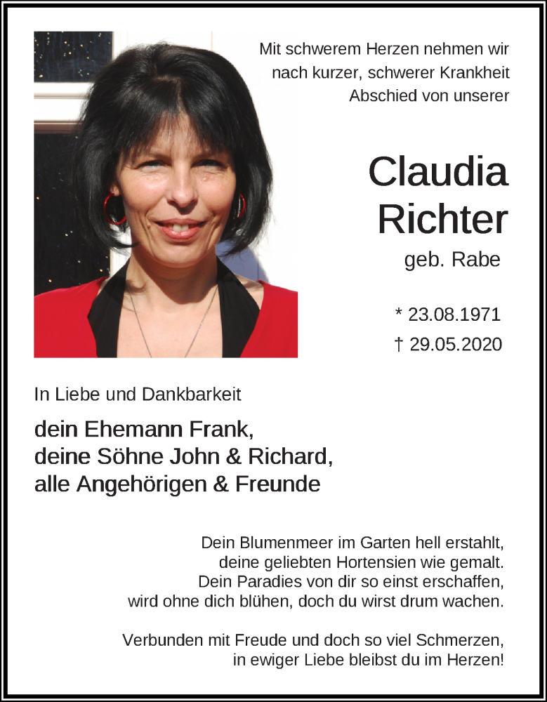  Traueranzeige für Claudia Richter vom 06.06.2020 aus Leipziger Volkszeitung