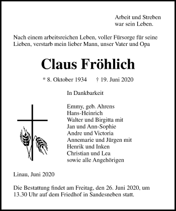 Traueranzeige von Claus Fröhlich von Lübecker Nachrichten