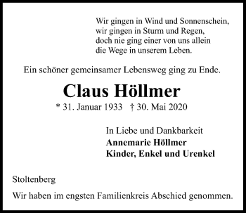 Traueranzeige von Claus Höllmer von Kieler Nachrichten