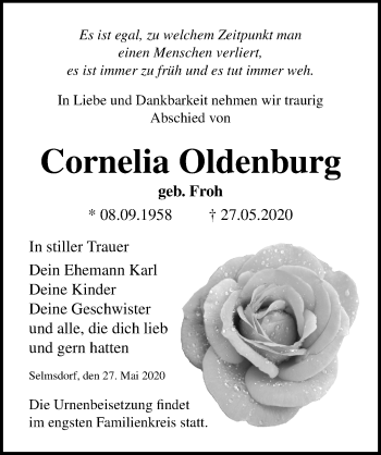 Traueranzeige von Cornelia Oldenburg von Ostsee-Zeitung GmbH