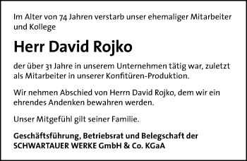 Traueranzeige von David Rojko von Lübecker Nachrichten