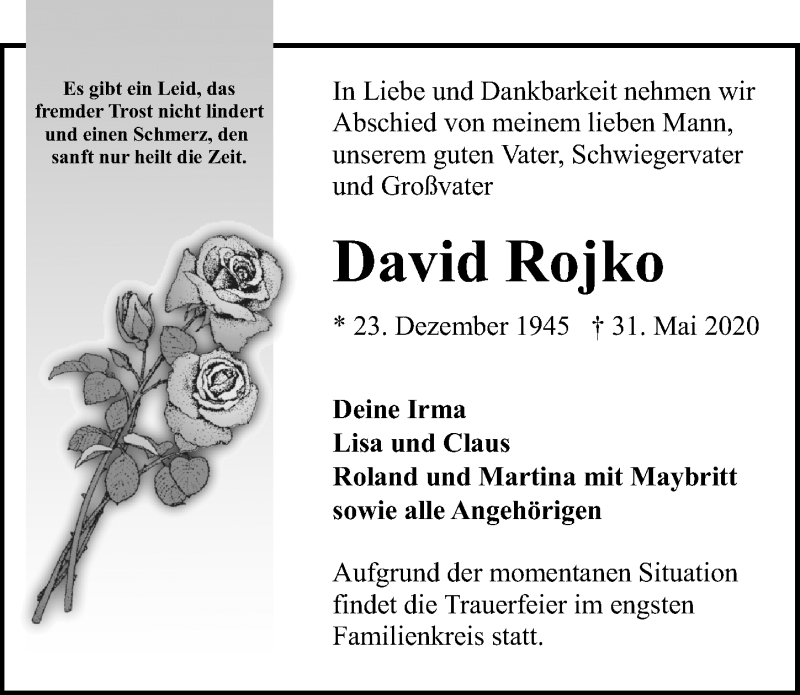  Traueranzeige für David Rojko vom 07.06.2020 aus Lübecker Nachrichten