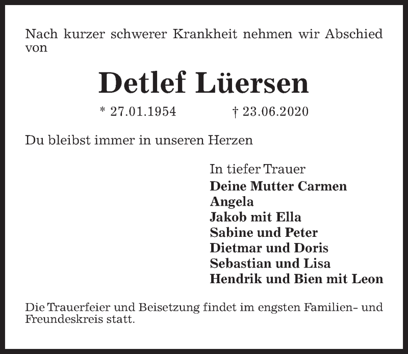  Traueranzeige für Detlef Lüersen vom 27.06.2020 aus Hannoversche Allgemeine Zeitung/Neue Presse