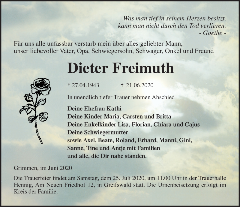  Traueranzeige für Dieter Freimuth vom 27.06.2020 aus Ostsee-Zeitung GmbH