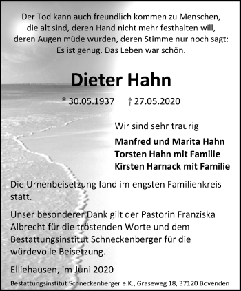 Traueranzeige von Dieter Hahn von Göttinger Tageblatt