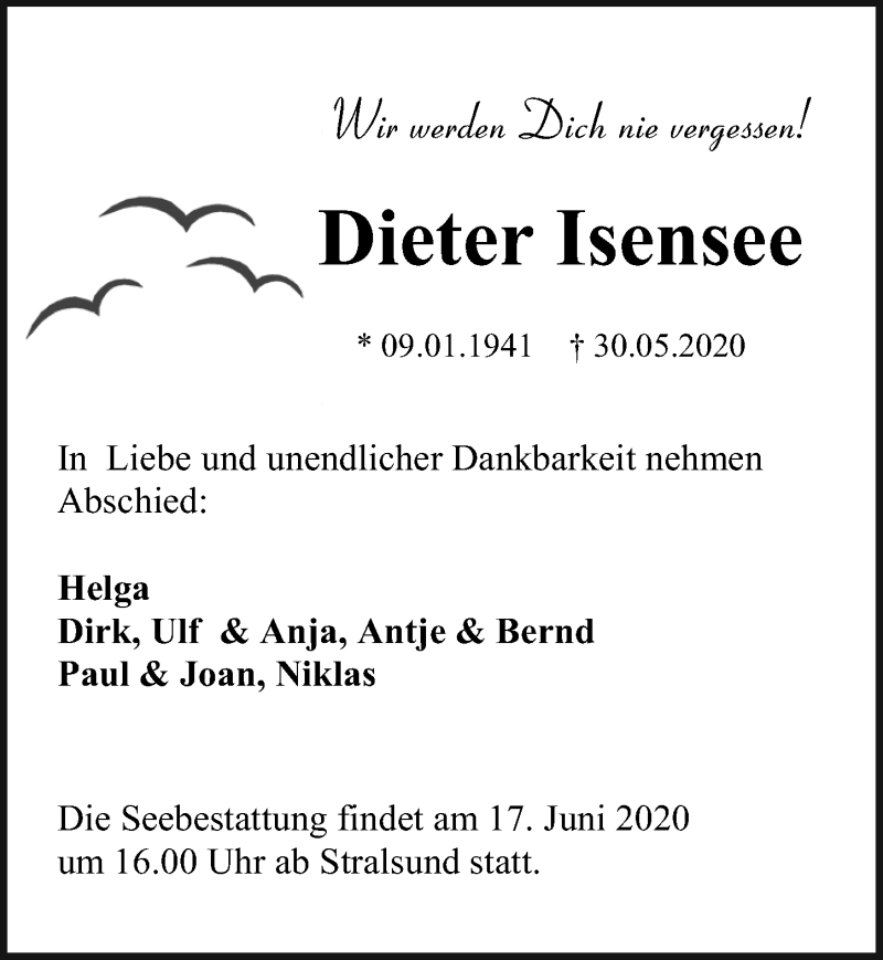  Traueranzeige für Dieter Isensee vom 06.06.2020 aus Ostsee-Zeitung GmbH