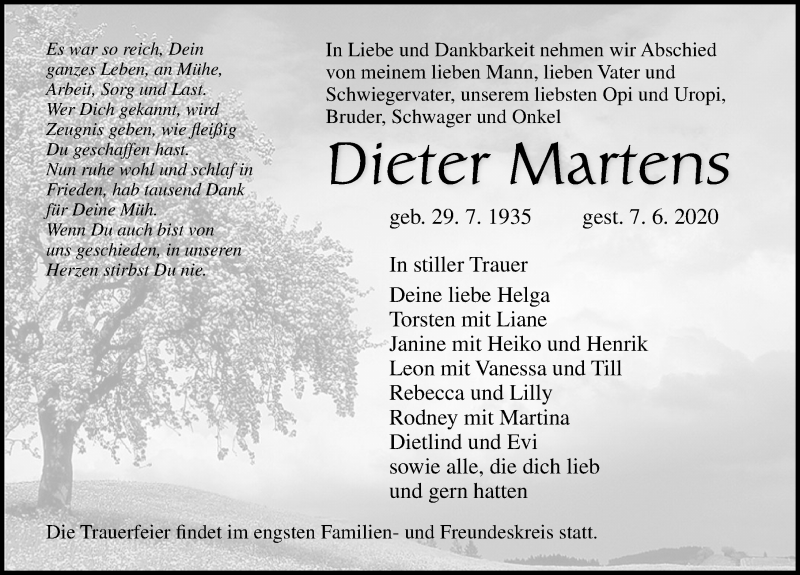  Traueranzeige für Dieter Martens vom 13.06.2020 aus Ostsee-Zeitung GmbH