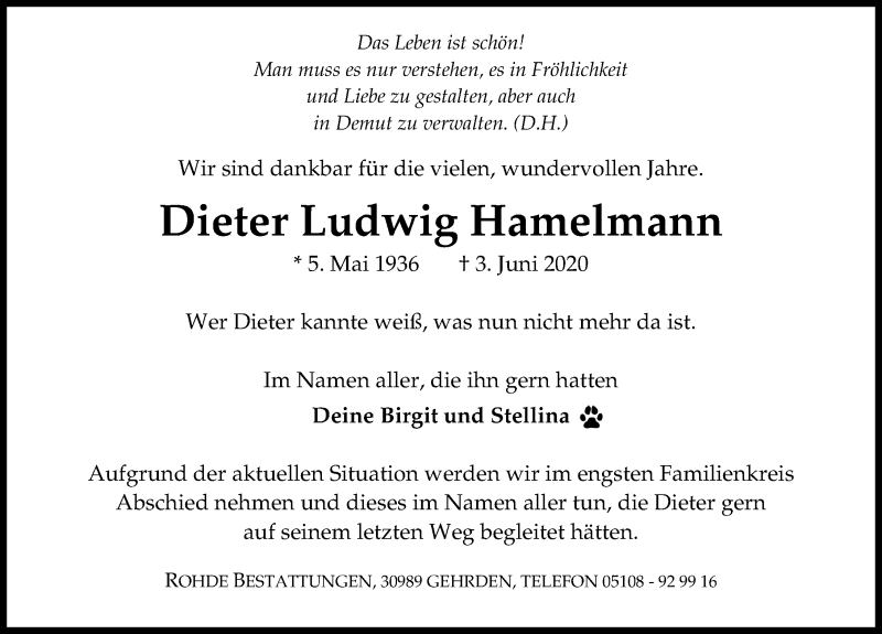  Traueranzeige für Dieter Ludwig Hamelmann vom 13.06.2020 aus Hannoversche Allgemeine Zeitung/Neue Presse