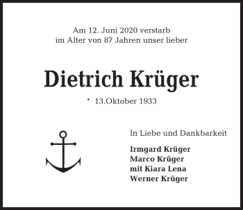 Traueranzeige von Dietrich Krüger von Kieler Nachrichten