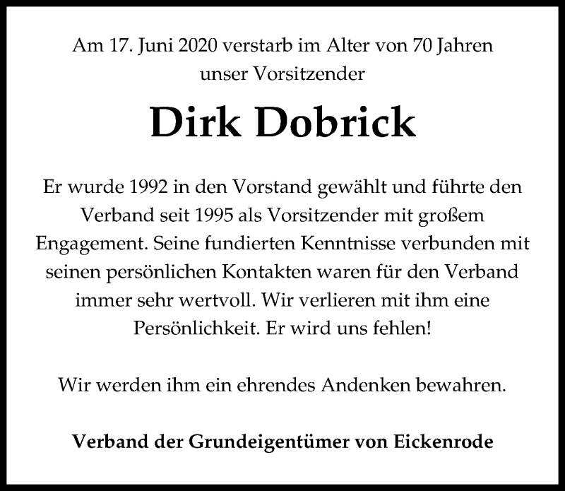  Traueranzeige für Dirk Dobrick vom 22.06.2020 aus Peiner Allgemeine Zeitung