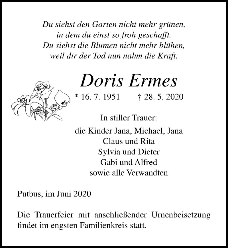  Traueranzeige für Doris Ermes vom 06.06.2020 aus Ostsee-Zeitung GmbH