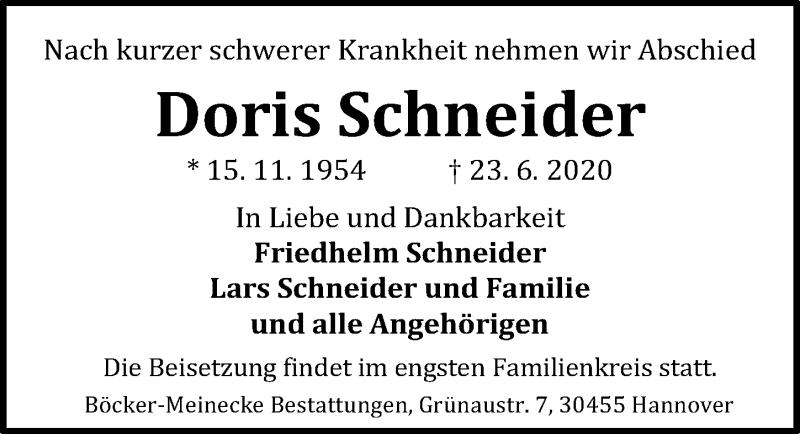  Traueranzeige für Doris Schneider vom 27.06.2020 aus Hannoversche Allgemeine Zeitung/Neue Presse