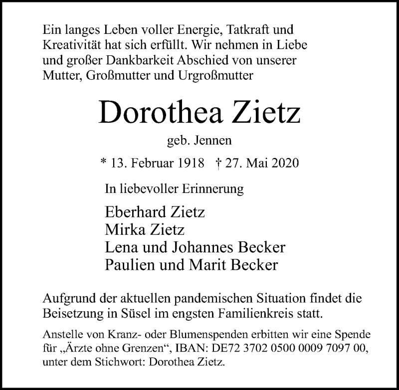  Traueranzeige für Dorothea Zietz vom 07.06.2020 aus Lübecker Nachrichten