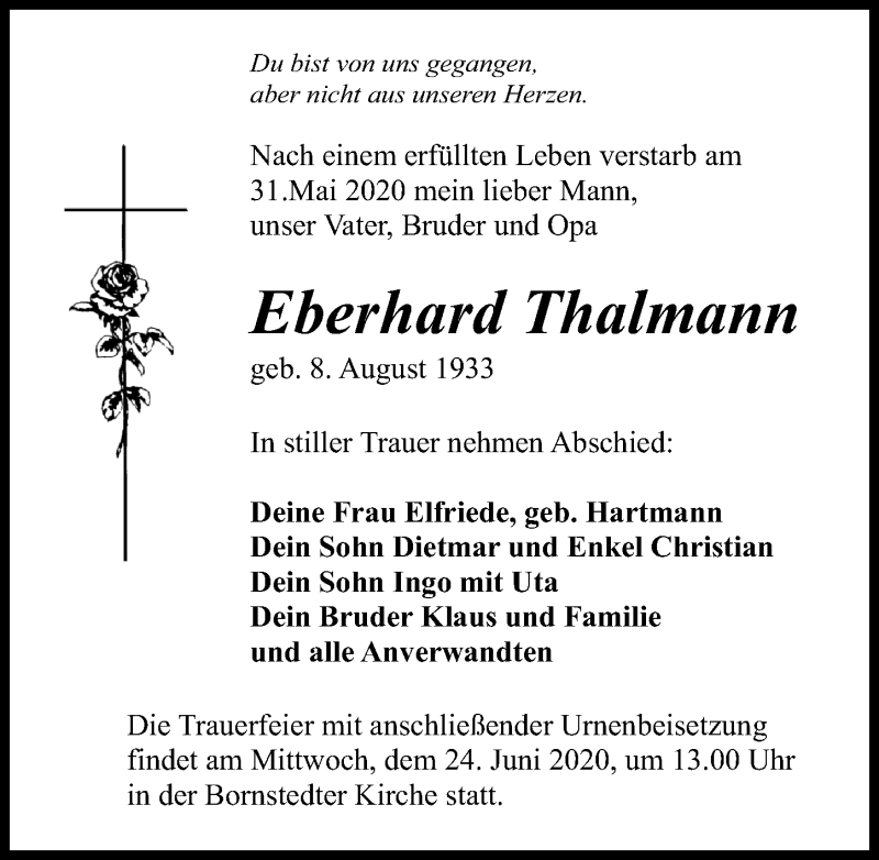  Traueranzeige für Eberhard Thalmann vom 13.06.2020 aus Märkischen Allgemeine Zeitung