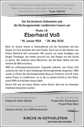 Traueranzeige von Eberhard Voß von Lübecker Nachrichten
