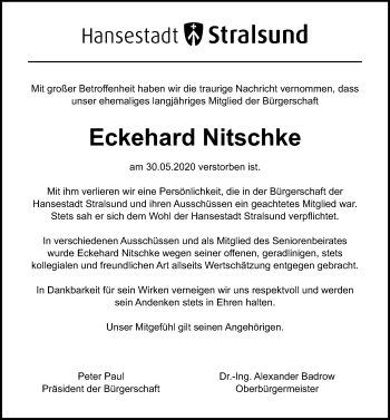 Traueranzeige von Eckehard Nitschke von Ostsee-Zeitung GmbH