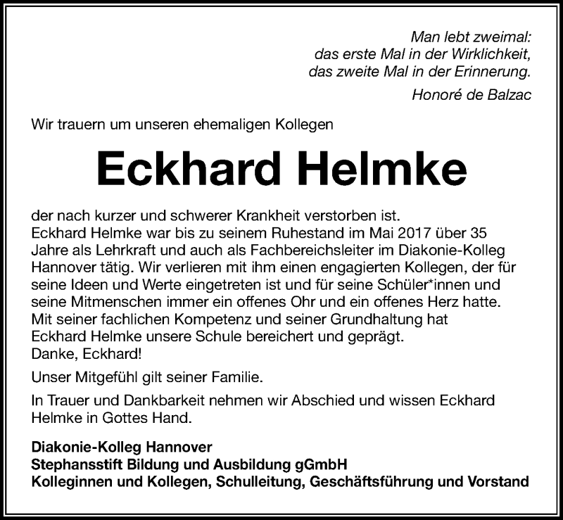  Traueranzeige für Eckhard Helmke vom 30.06.2020 aus Hannoversche Allgemeine Zeitung/Neue Presse