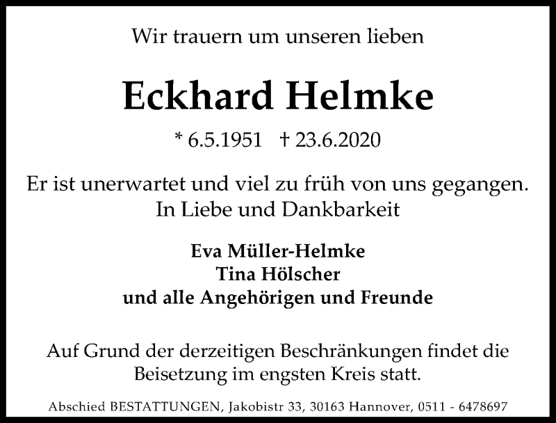  Traueranzeige für Eckhard Helmke vom 27.06.2020 aus Hannoversche Allgemeine Zeitung/Neue Presse