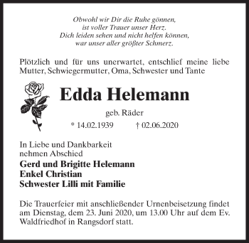 Traueranzeige von Edda Helemann von Märkischen Allgemeine Zeitung