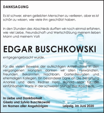 Traueranzeige von Edgar Buschkowski von Leipziger Volkszeitung