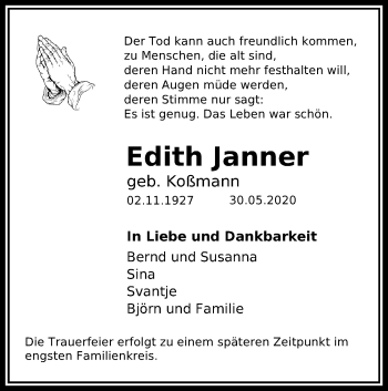 Traueranzeige von Edith Janner von Lübecker Nachrichten