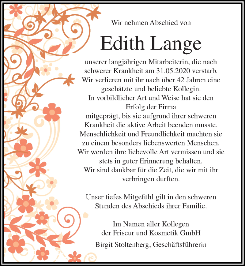  Traueranzeige für Edith Lange vom 06.06.2020 aus Lübecker Nachrichten