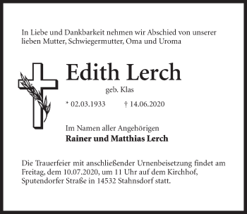 Traueranzeige von Edith Lerch von Märkischen Allgemeine Zeitung