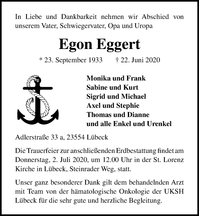 Traueranzeige für Egon Eggert vom 28.06.2020 aus Lübecker Nachrichten