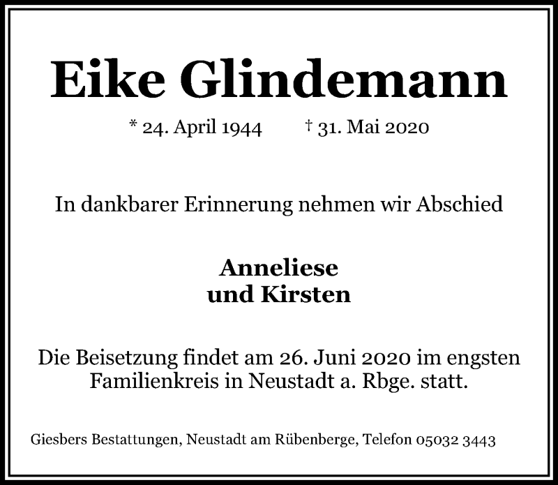  Traueranzeige für Eike Glindemann vom 20.06.2020 aus Hannoversche Allgemeine Zeitung/Neue Presse
