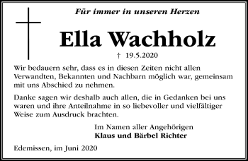 Traueranzeige von Ella Wachholz von Peiner Allgemeine Zeitung