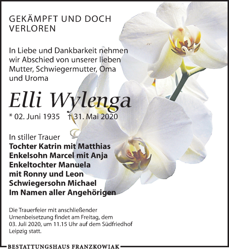  Traueranzeige für Elli Wylenga vom 13.06.2020 aus Leipziger Volkszeitung