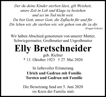 Traueranzeige von Elly Bretschneider von Kieler Nachrichten