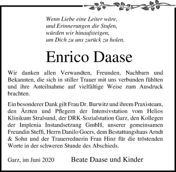 Traueranzeige von Enrico Daase von Ostsee-Zeitung GmbH